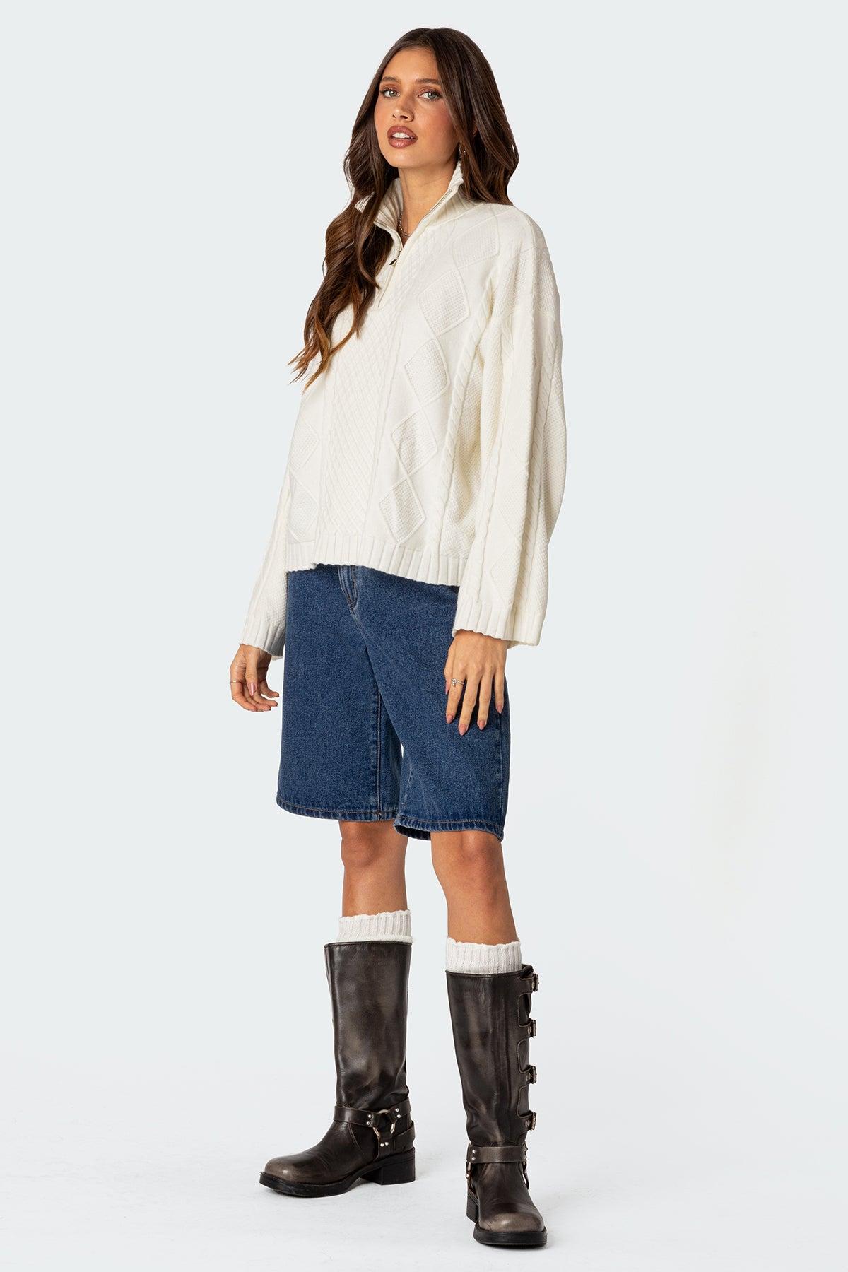 Oversized Quarter Zip Cable Knit Sweater Product Image