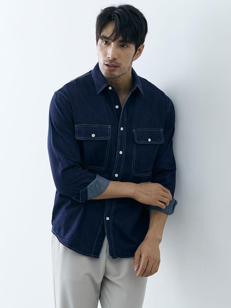 Long Sleeve Collared Denim Cargo Shirt Product Image