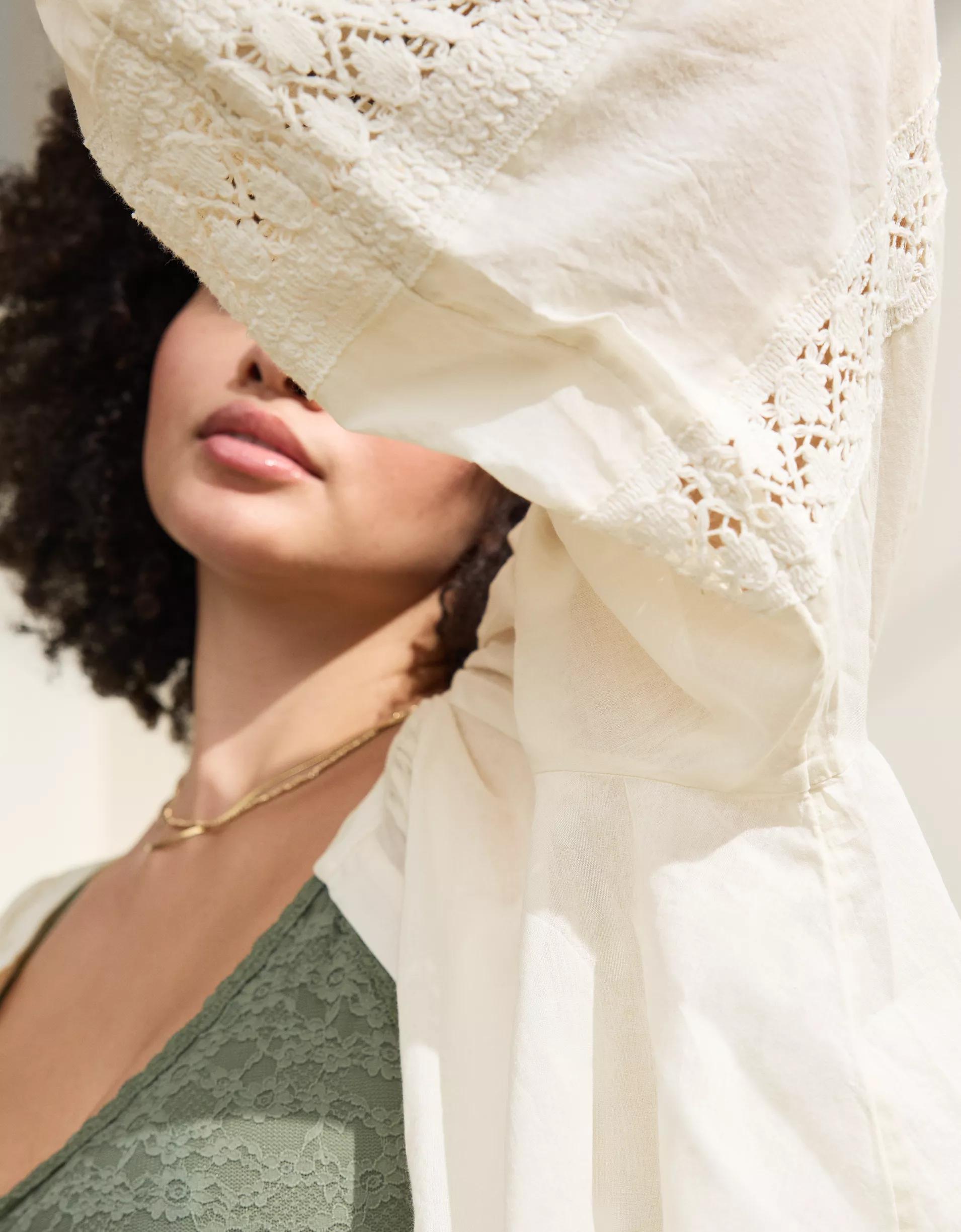 Aerie Long Sleeve Crochet Button Down Shirt Product Image