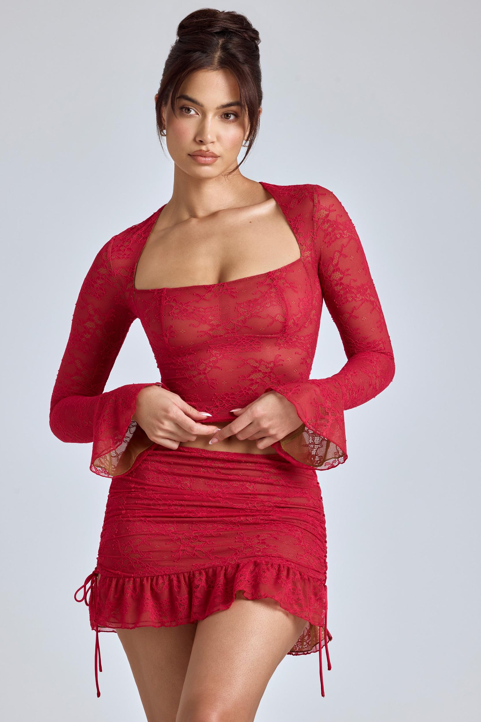Lace Ruffle Mini Skirt in Cherry Red Product Image