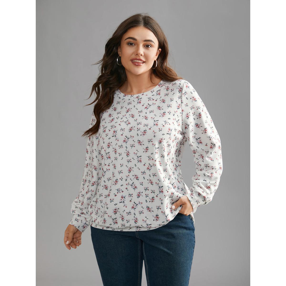 Plus Size Ditsy Floral Round Neck Sweatshirt Women Multicolor Casual Contrast Loose Round Neck Everyday Sweatshirts BloomChic 30/6X Product Image