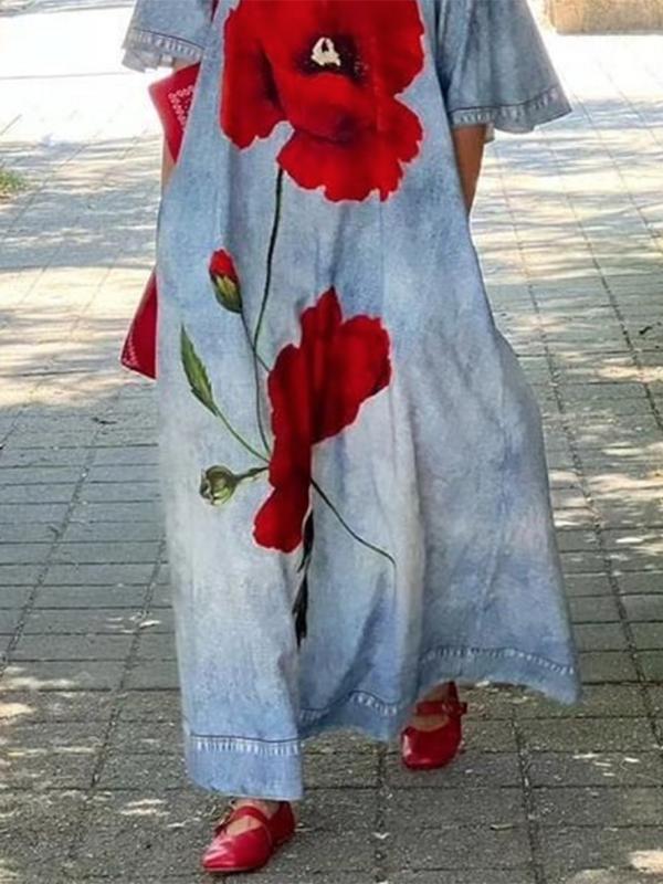 Half Sleeves Loose Flower Print V-Neck Maxi Dresses Product Image