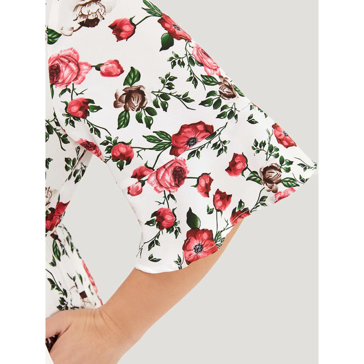 Plus Size Floral Print Pleated Hem Pocket Bell Sleeve Midi Dress Multicolor Women Elegant Pleated Round Neck Half Sleeve Curvy Midi Dress BloomChic 10/M Product Image