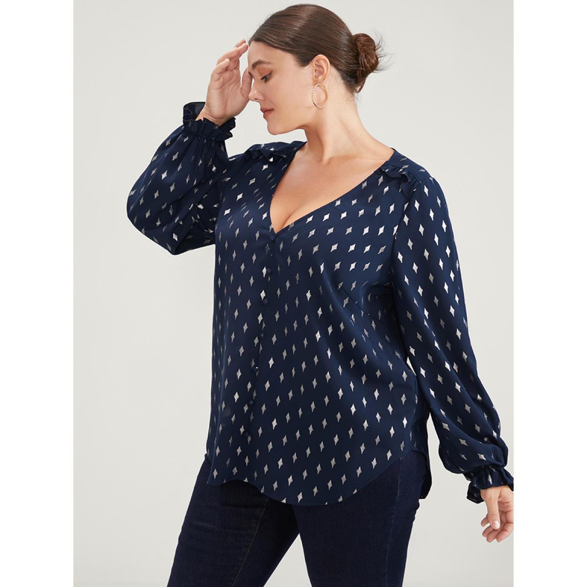 Plus Size Indigo Geometric Print Lantern Sleeve V Neck Blouse Women Party Long Sleeve V-neck Going out Blouses BloomChic 12/L Product Image