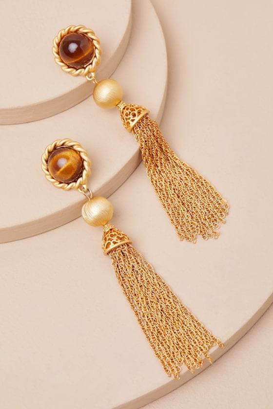Nymph Gold Tigers Eye Tassel Statement Earrings Product Image