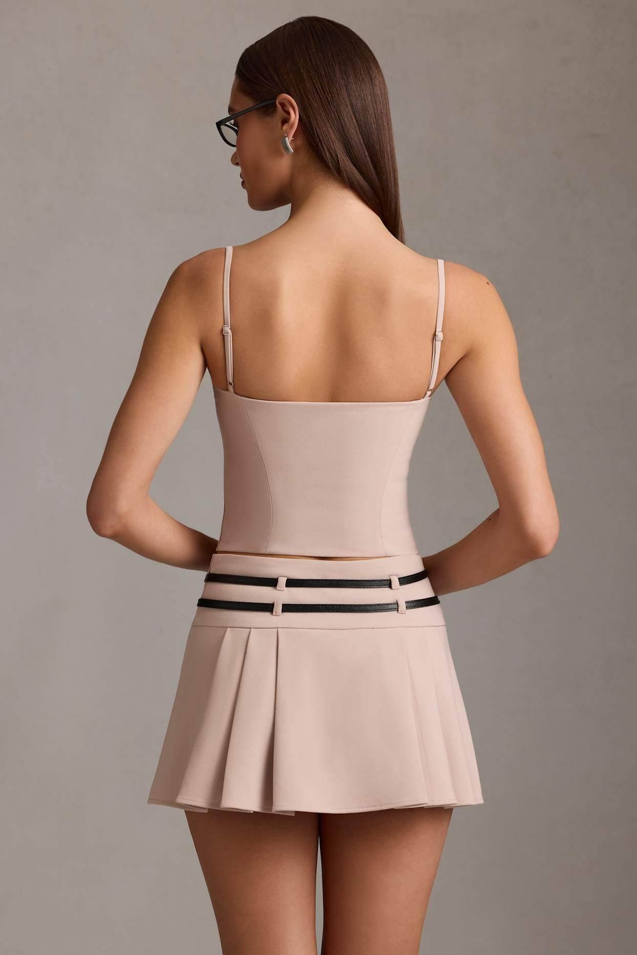 Belted Low-Rise Pleated Mini Skirt in Mushroom Product Image