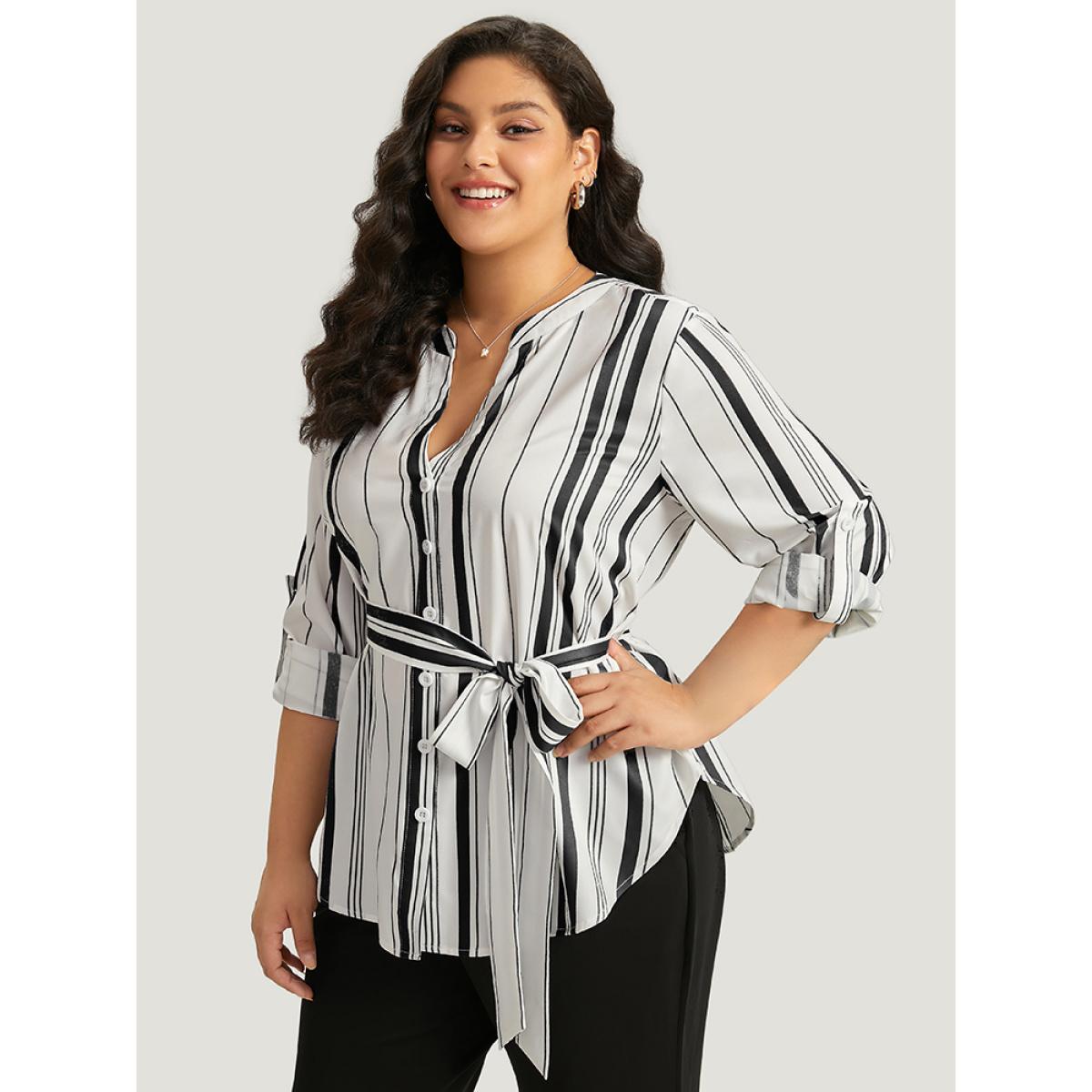 Plus Size Black Striped Arc Hem Belted Roll Tab Sleeve Blouse Women Office Long Sleeve V-neck Work Blouses BloomChic 18-20/2X Product Image