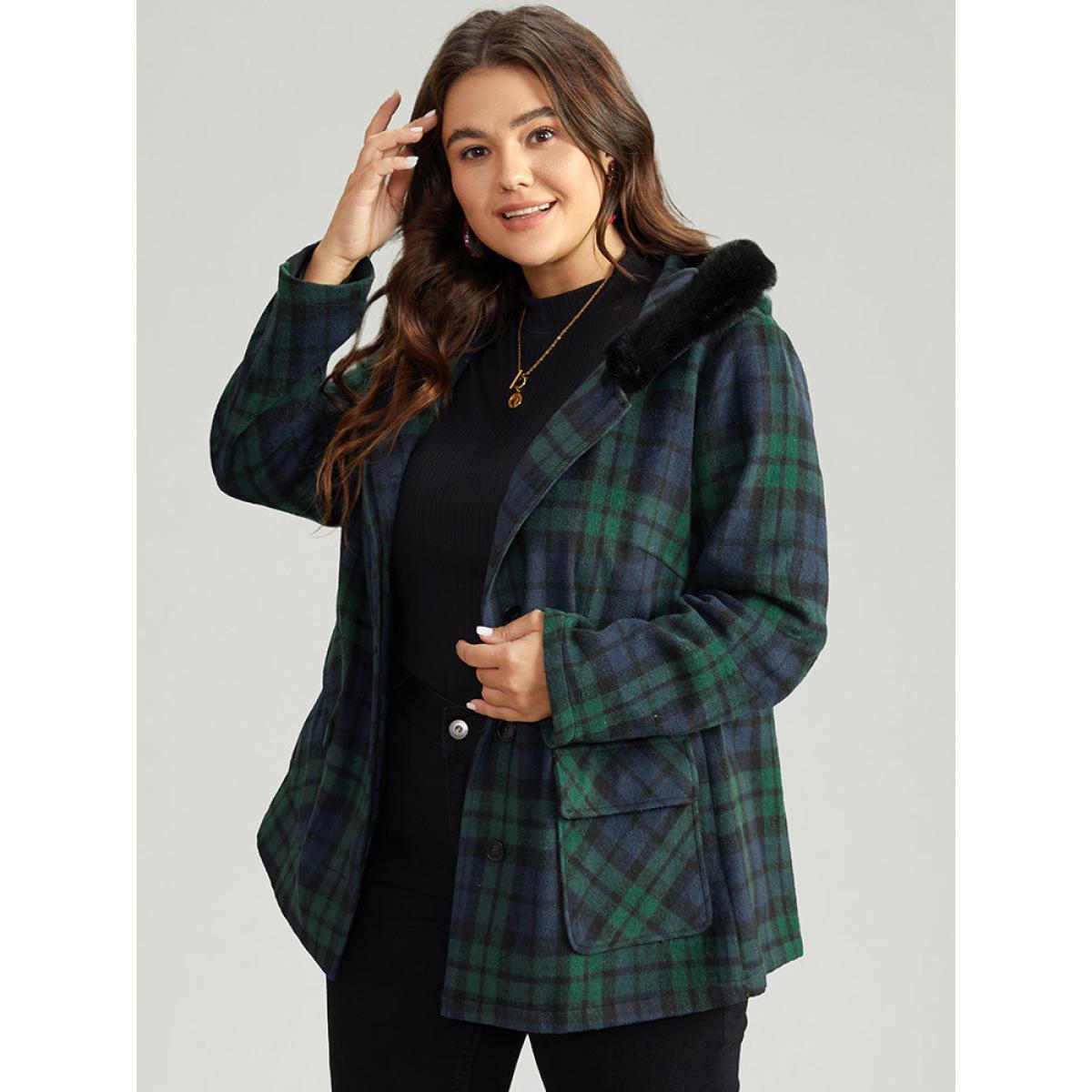 Plus Size Plaid Button Fly Hooded Fuzzy Trim Coat Women Emerald Casual Contrast Ladies Dailywear Winter Coats BloomChic 12/L Product Image
