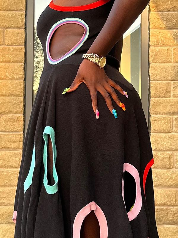 A-Line High Waisted Contrast Color Hollow Round-Neck Maxi Dresses Product Image