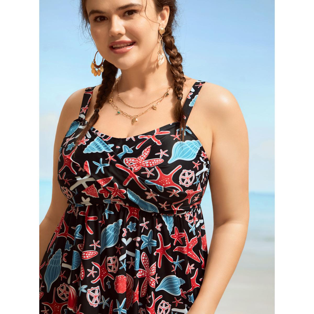 Plus Size Marine Elements Twist Front Gathered Swim Dress Women's Swimwear Black Beach Bodycon V-neck High stretch Curve Swim Dresses BloomChic 30/6X Product Image