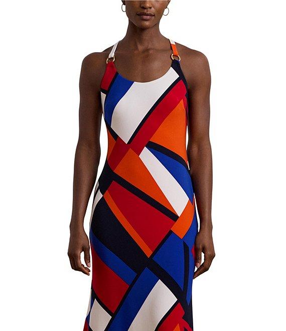 Lauren Ralph Lauren Scoop Neck Jersey Knit Geometric Print Scoop Neck Sleeveless Maxi Dress Product Image