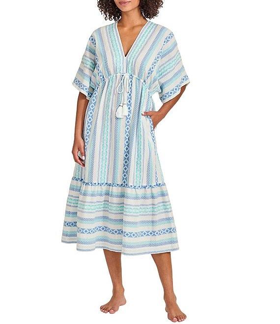Tommy Bahama Geo Jacquard Stripe Print V-Neck Dolman Sleeve Midi Dress Swim Cover-Up Product Image