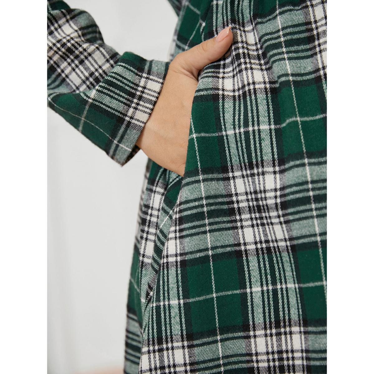 Plus Size Plaid V Neck Pocket High Low Hem Dress Without Belt DarkGreen Women Elegant Pocket V-neck Long Sleeve Curvy Midi Dress BloomChic 10/M Product Image