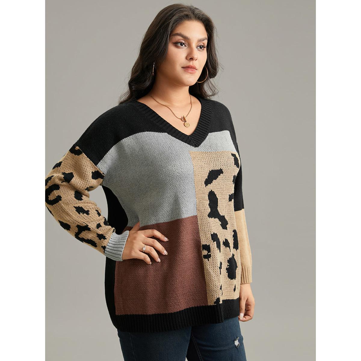 Plus Size Leopard Colorblock Contrast Pullover Black Women Casual Loose Long Sleeve V-neck Everyday Pullovers BloomChic 18-20/2X Product Image