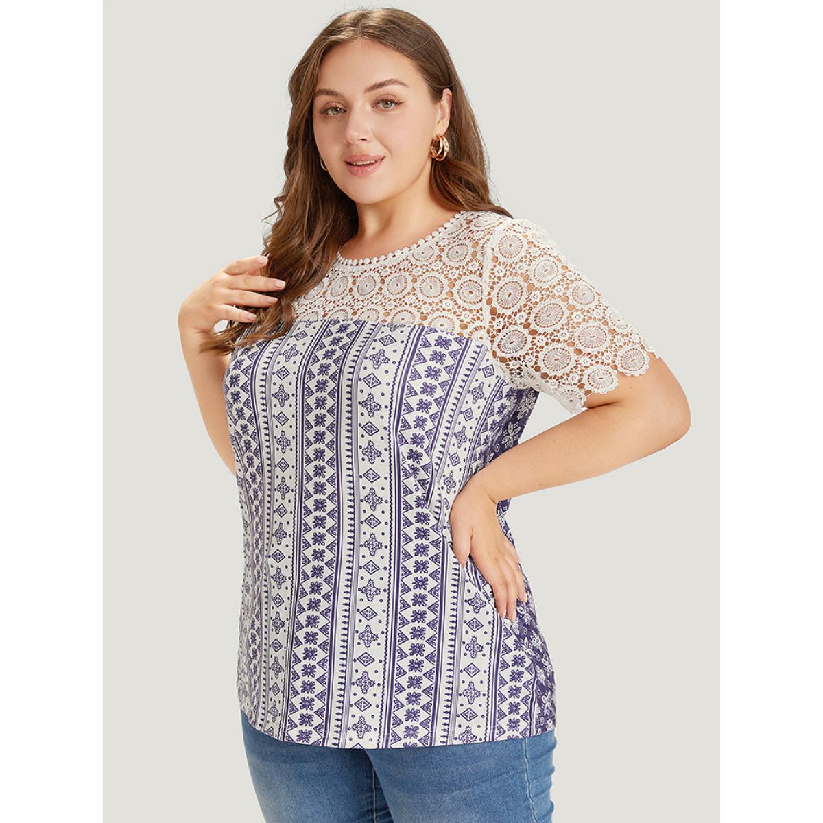 Plus Size Bandana Print Lace Patchwork Pompom Trim T-shirt DarkBlue Women Elegant Lace Bohemian Print Round Neck Dailywear T-shirts BloomChic 12/L Product Image