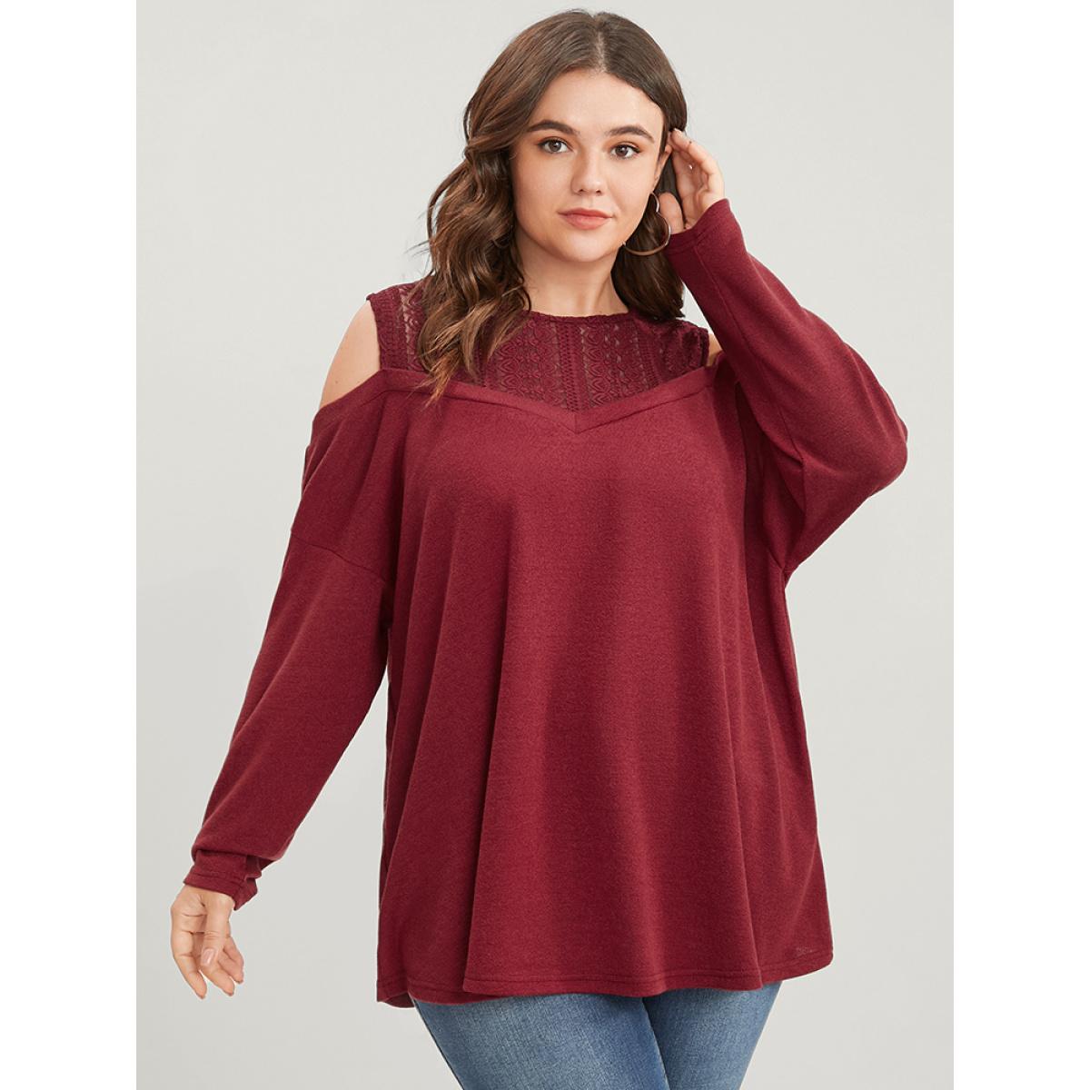 Plus Size Solid Lace Mesh Cold Shoulder Sweatshirt Women Burgundy Elegant See through Round Neck Dailywear Sweatshirts BloomChic 10/M Product Image