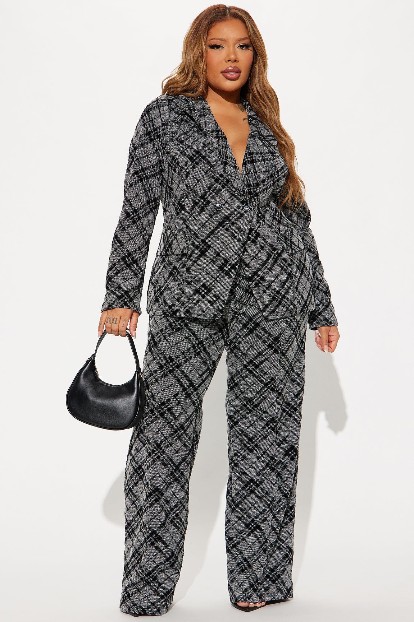 Lady Boss Plaid Blazer Pant Set - Black/combo Female Product Image