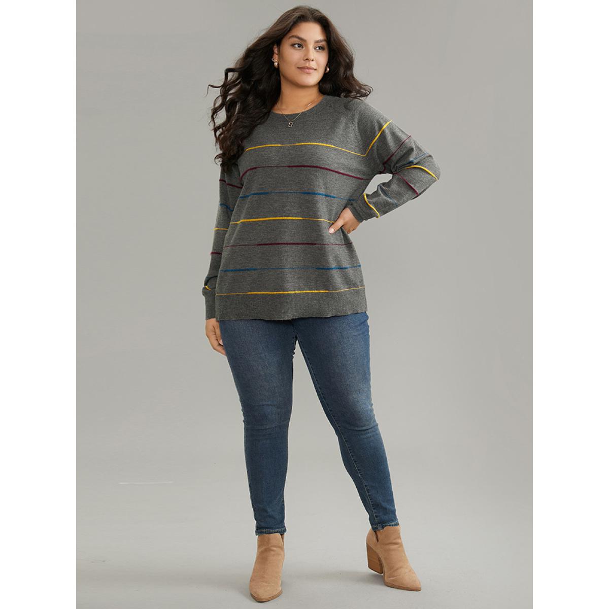Plus Size Anti-Pilling Contrast Pinstripe Raglan Sleeve Pullover DimGray Women Casual Loose Long Sleeve Round Neck Dailywear Pullovers BloomChic 12/L Product Image