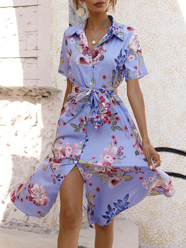 A-Line Loose Buttoned Flower Print Tied Waist Lapel Midi Dresses Product Image