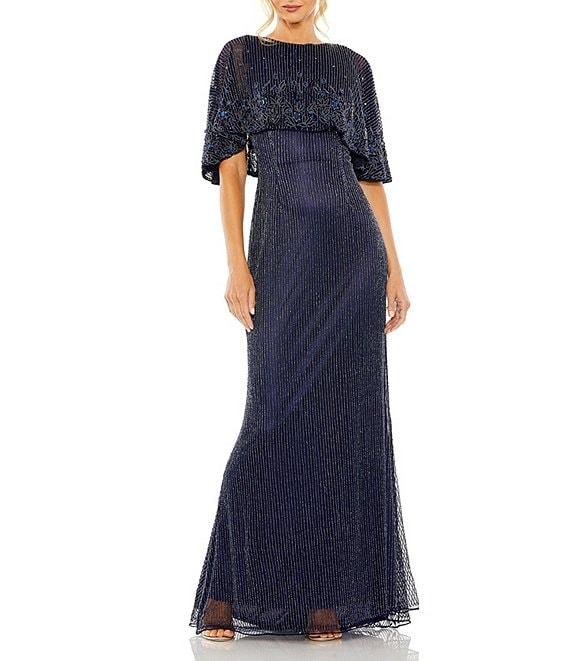 Mac Duggal Beaded Boat Neck Short Cape Sleeve Column Gown Product Image