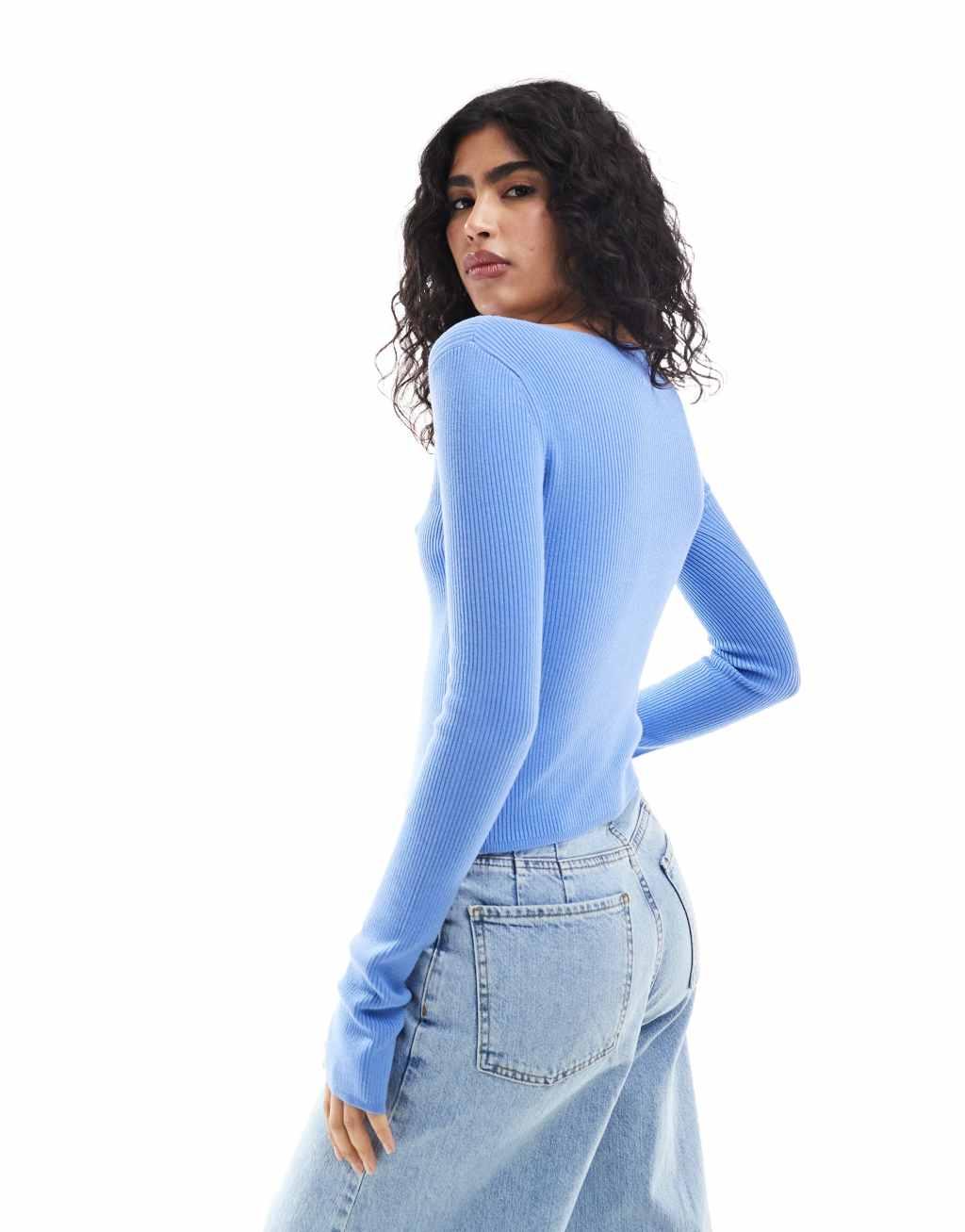 ASOS DESIGN knit top with boat neck in blue Product Image