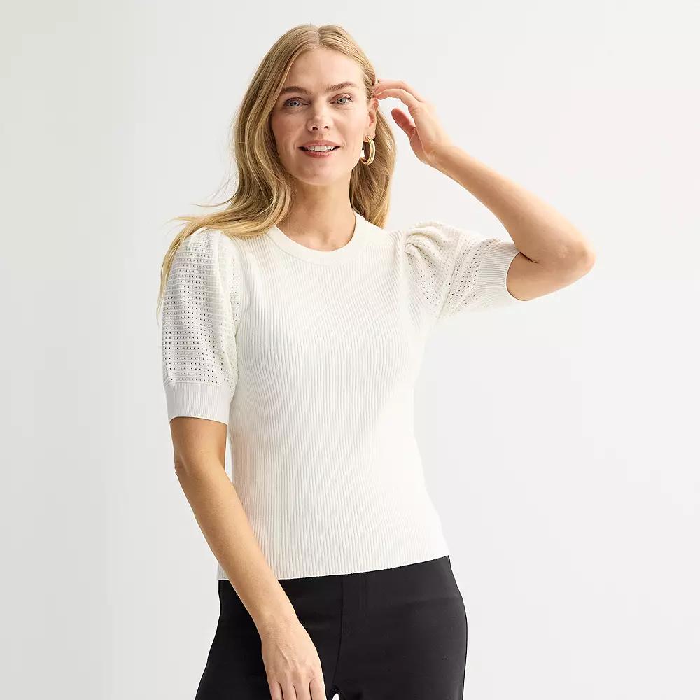 Women's Nine West Open Stitch Elbow Sleeve Sweater Tee, Size: XXL, Daisy Dew Product Image