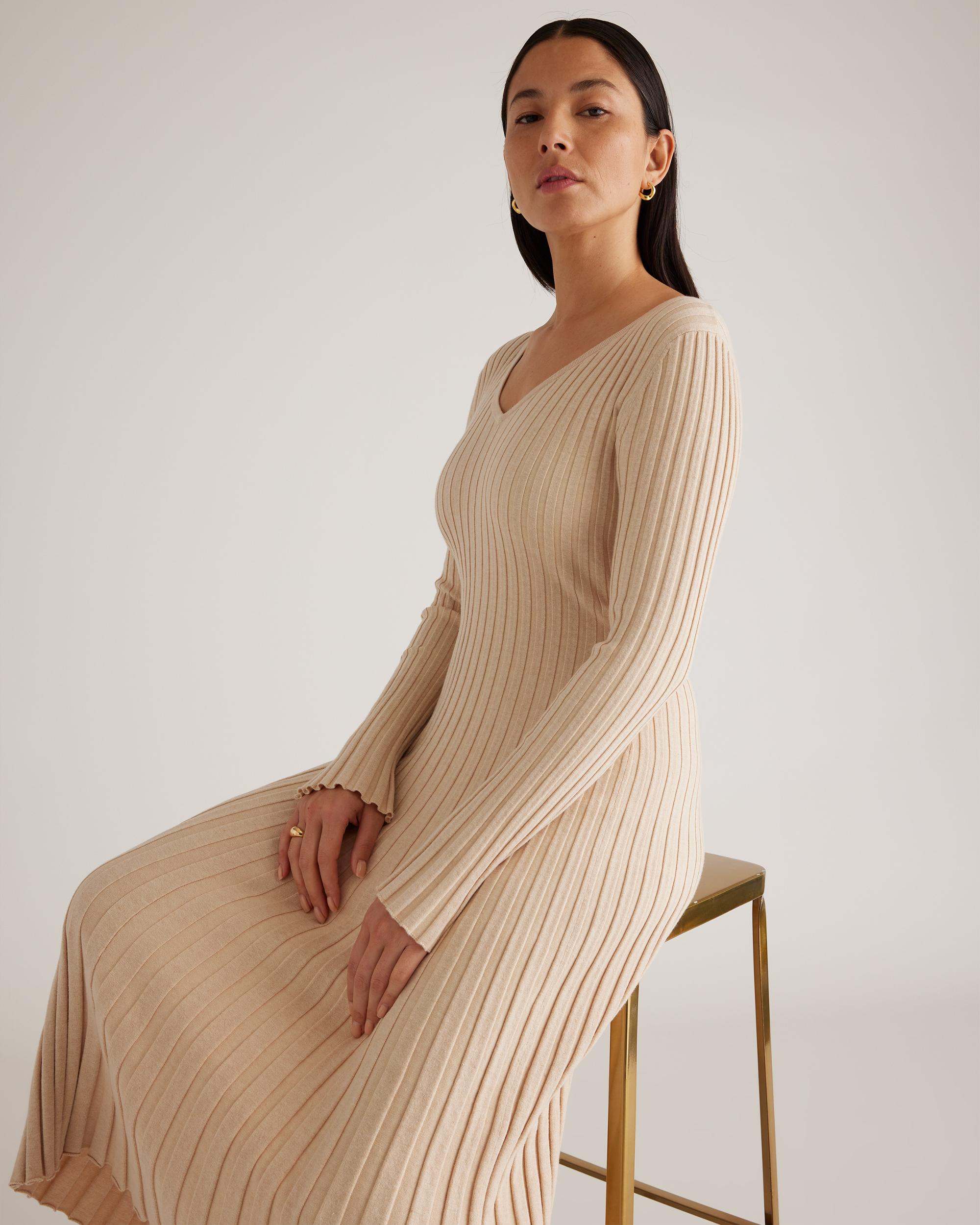 Quince | Women's Cotton Cashmere Ribbed Long Sleeve V-Neck Midi Dress Size XL Product Image
