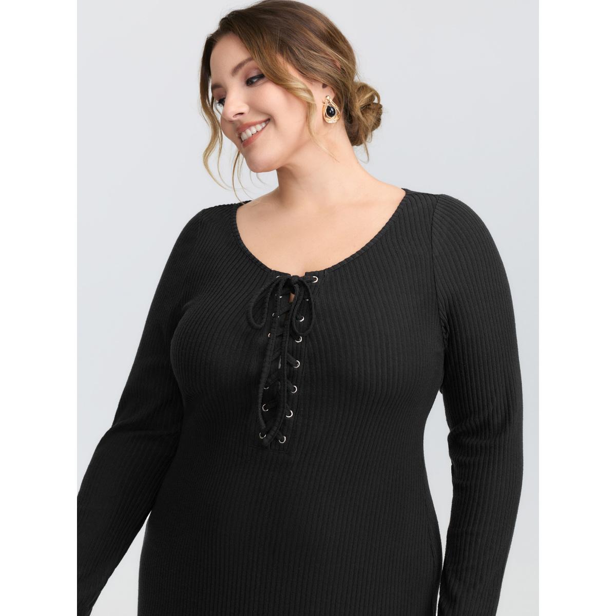 Plus Size Stretchy Round Neck Lace-Up Midi Dress Black Women Timeless Wraparound straps Boat Neck Long Sleeve Curvy BloomChic 18-20/2X Product Image