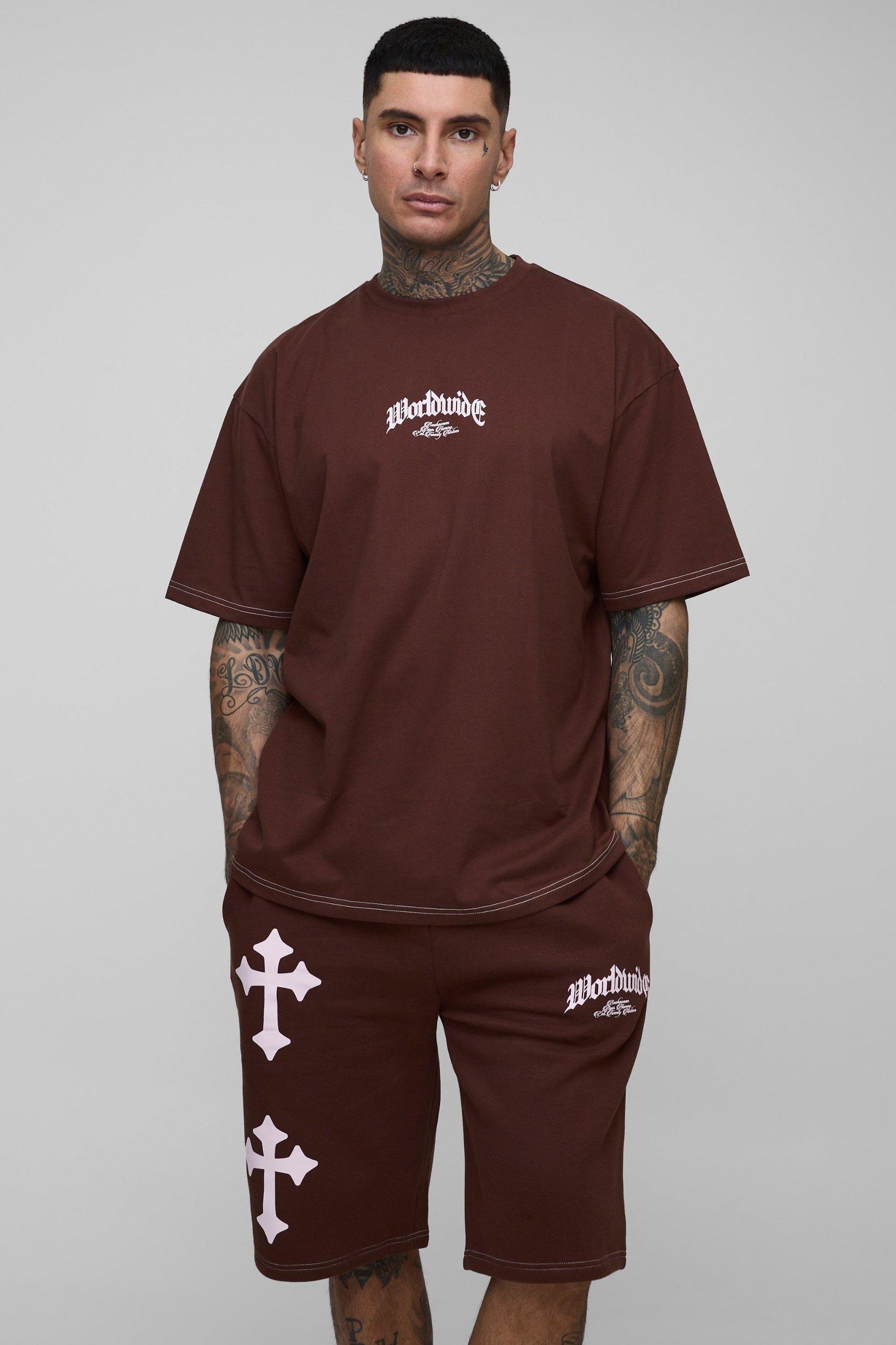 Tall Oversized Worldwide Cross Print T-Shirt & Short Set | boohooMAN USA Product Image