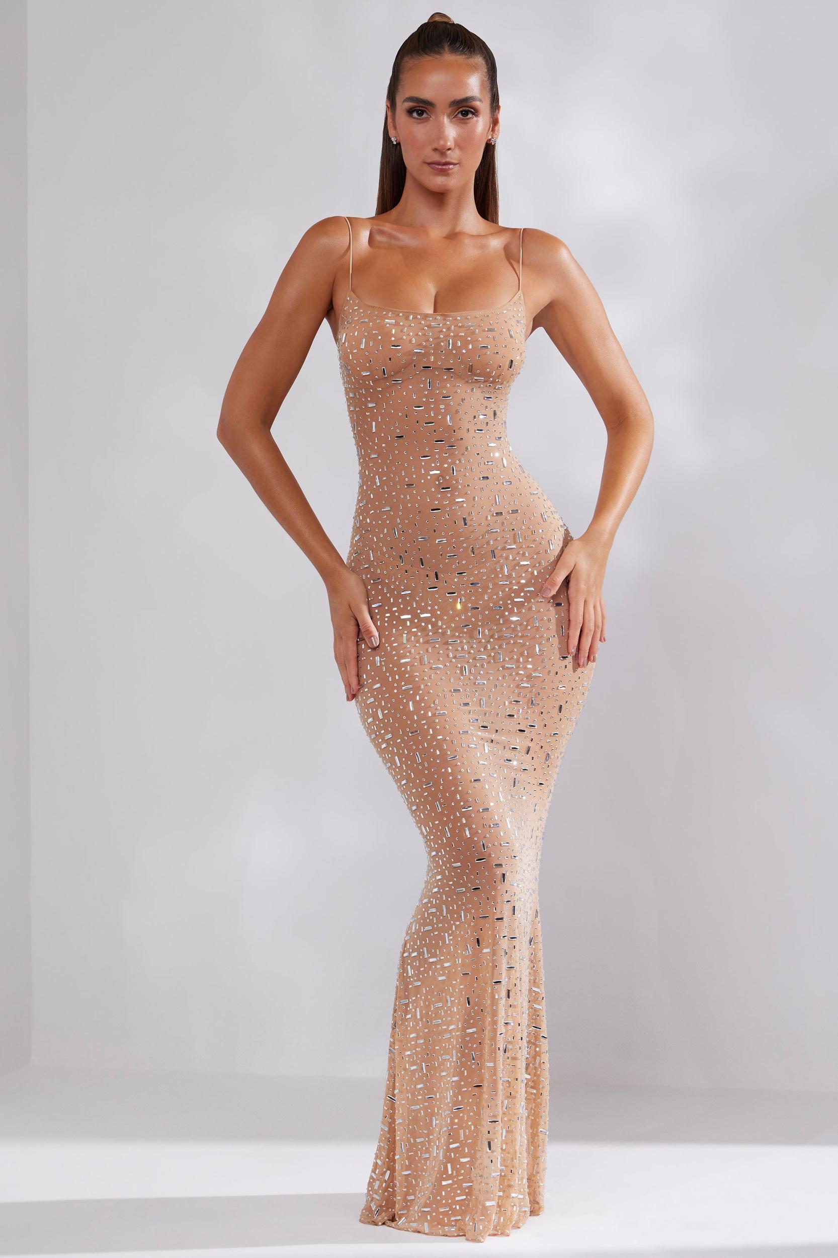 Sheer Embellished Scoop Neck Evening Gown in Almond Product Image