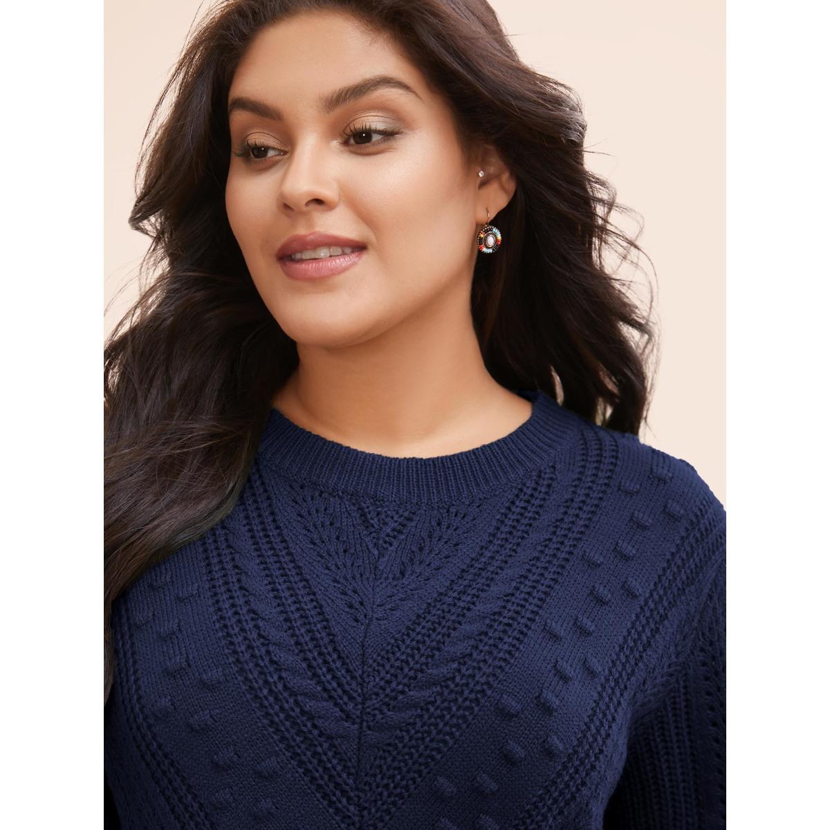 Plus Size Solid Round Neck Cable Knit Pullover Indigo Women Leisure Long Sleeve Round Neck Casual Pullovers BloomChic 18-20/2X Product Image