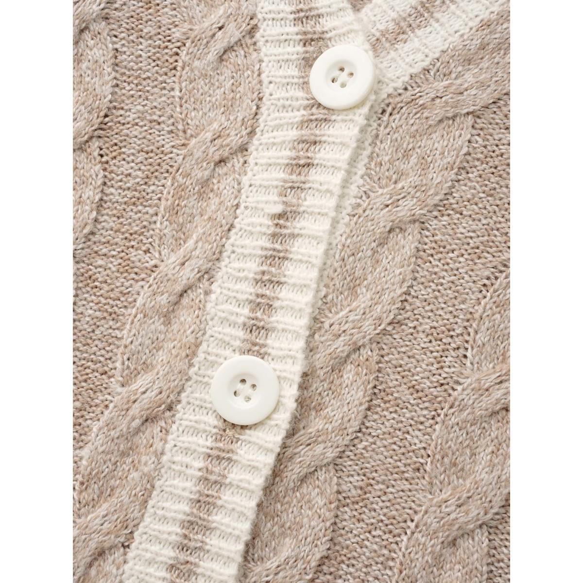 Plus Size Contrast Trim Cable Knit Pocket Cardigan Champagne Women Casual Loose Long Sleeve Everyday Cardigans BloomChic 10/M Product Image