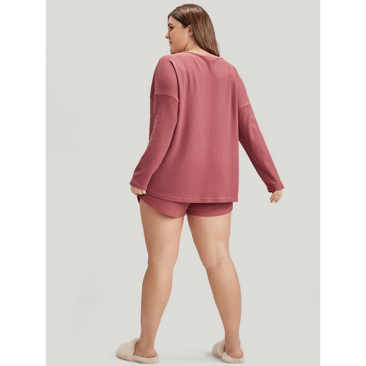 Plus Size Solid Ties Waffle Knit Pajama Set Women Burgundy Plain Long Sleeve Round Neck Casual Loungewear Sets BloomChic 12/L Product Image