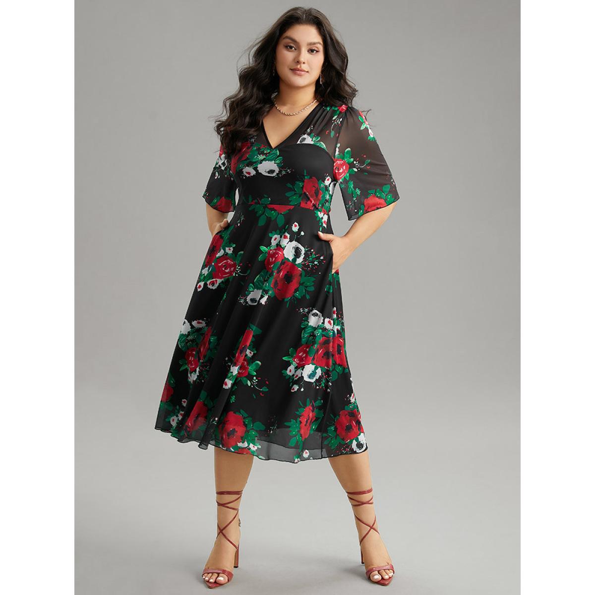 Plus Size Floral Mesh Patchwork Elastic Waist Dress Black Women Cocktail See through V-neck Half Sleeve Curvy Midi Dress BloomChic 10/M Product Image