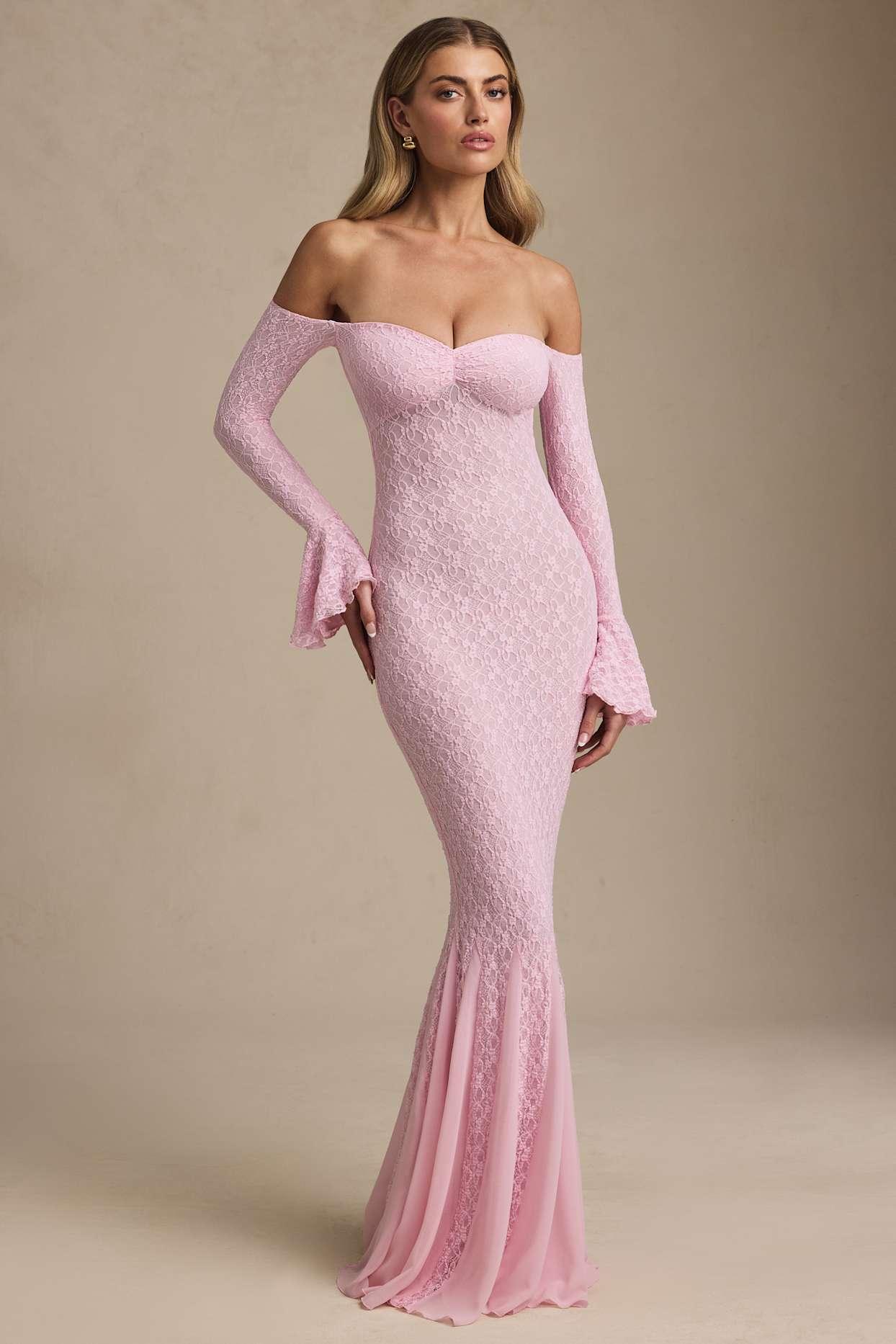 Off-Shoulder Ruffle Lace Maxi Dress in Soft Pink Product Image