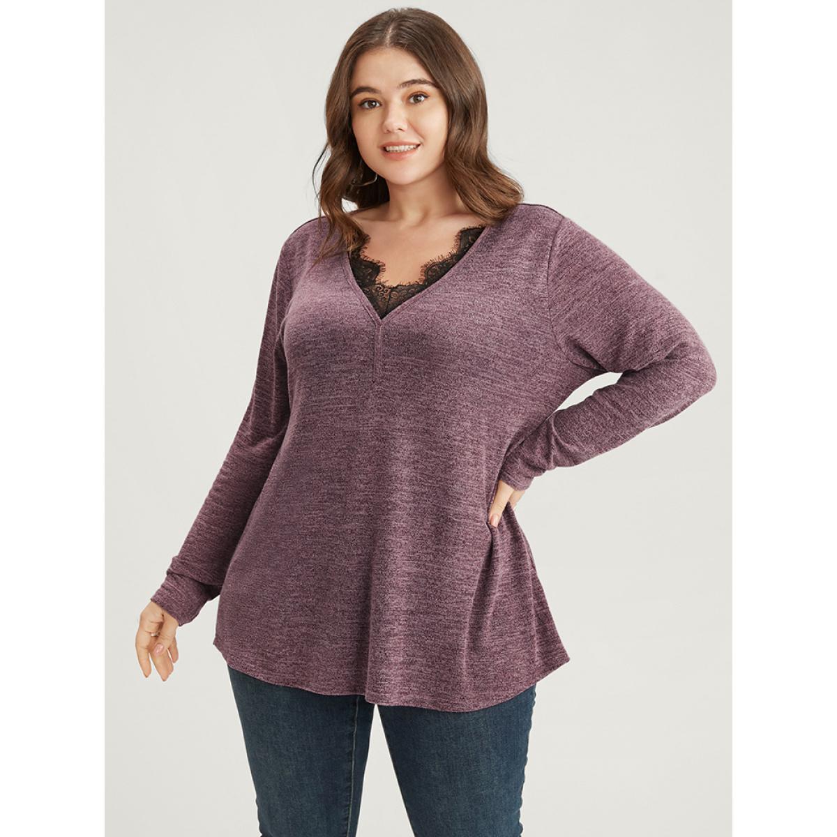 Plus Size Solid Lace Trim V Neck Long Tee Burgundy Women Elegant Lace Plain V-neck Dailywear T-shirts BloomChic 26/4X Product Image