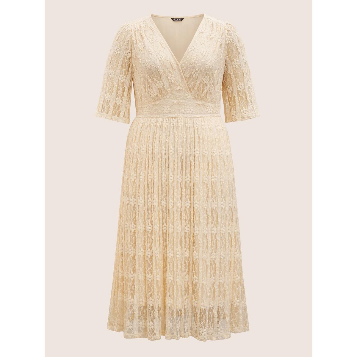 Plus Size Solid Overlap Collar Lace Panel Dress Beige Women Elegant Woven ribbon&lace trim Overlap Collar Half Sleeve Curvy BloomChic 12/L Product Image