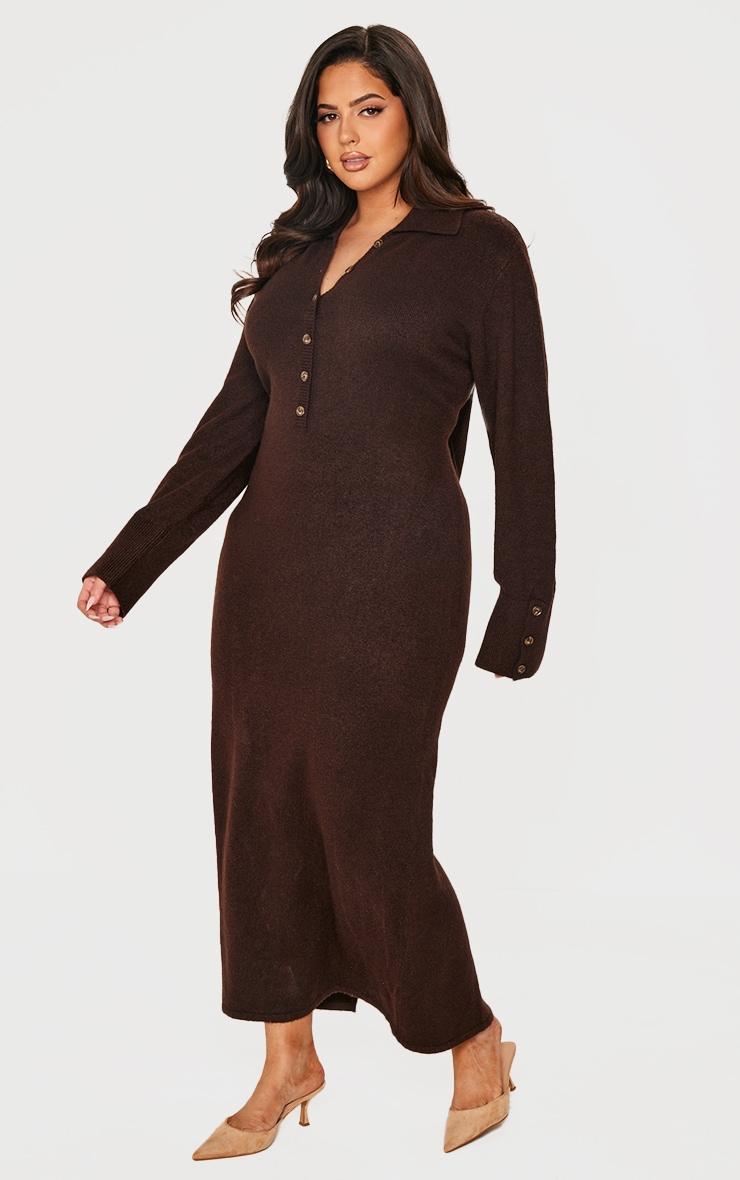 Plus Chocolate Soft Bobble Knit Button Up Collar Detail Maxi Dress Product Image