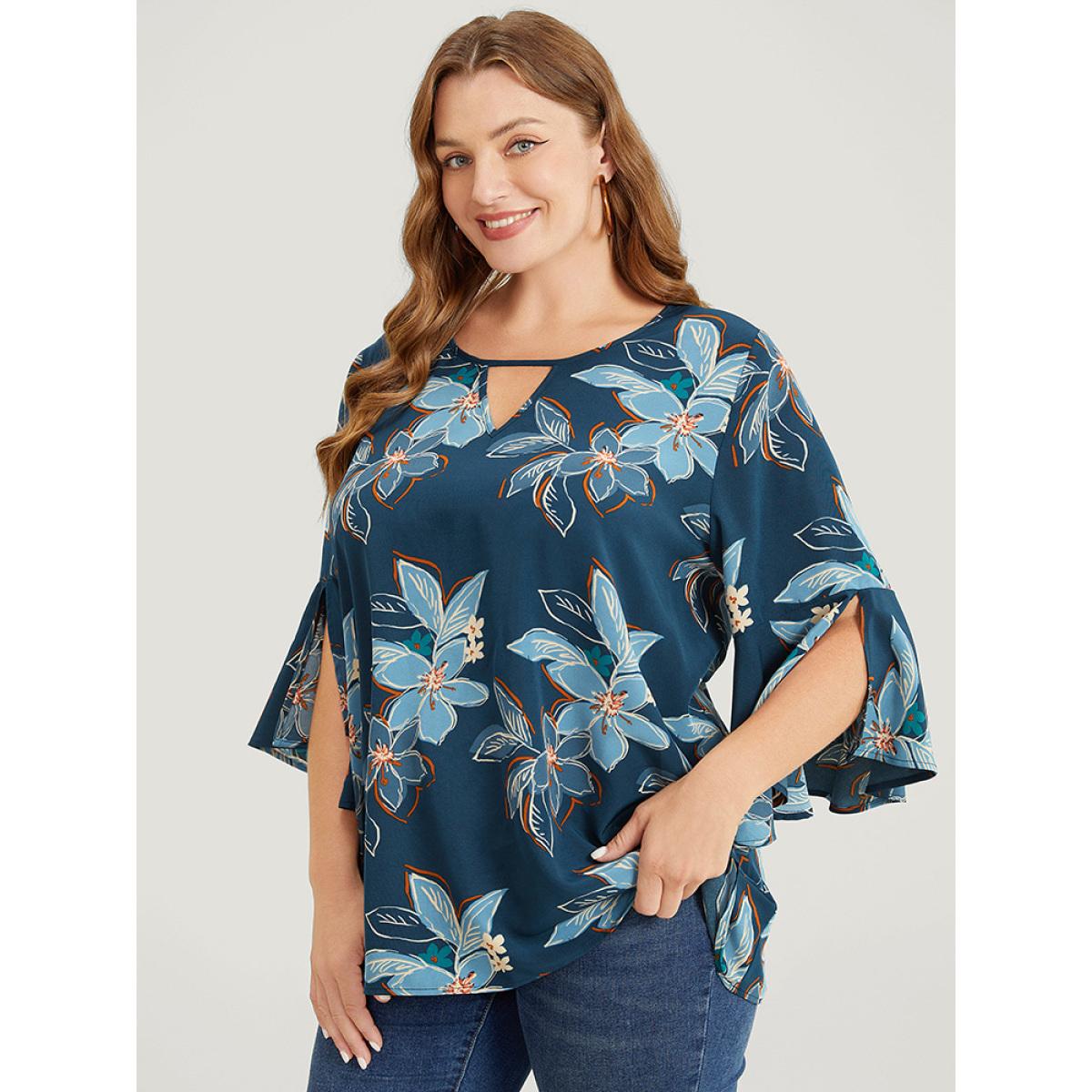 Plus Size Aegean Floral Print Keyhole Neck Split Bell Sleeve Blouse Women Elegant Elbow-length sleeve Round Neck Dailywear Blouses BloomChic 18-20/2X Product Image