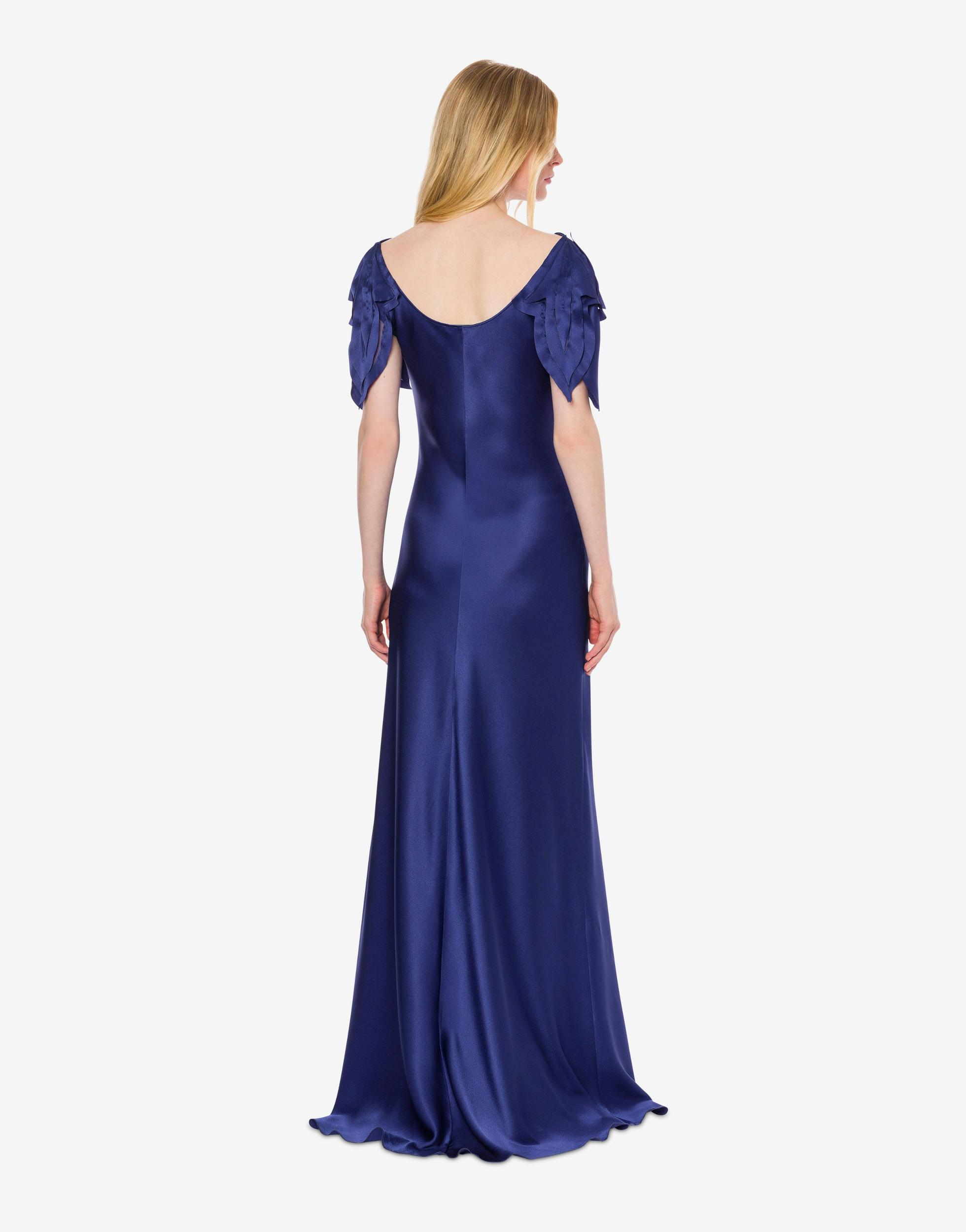 Satin long dress with laser-cut sleeves Product Image