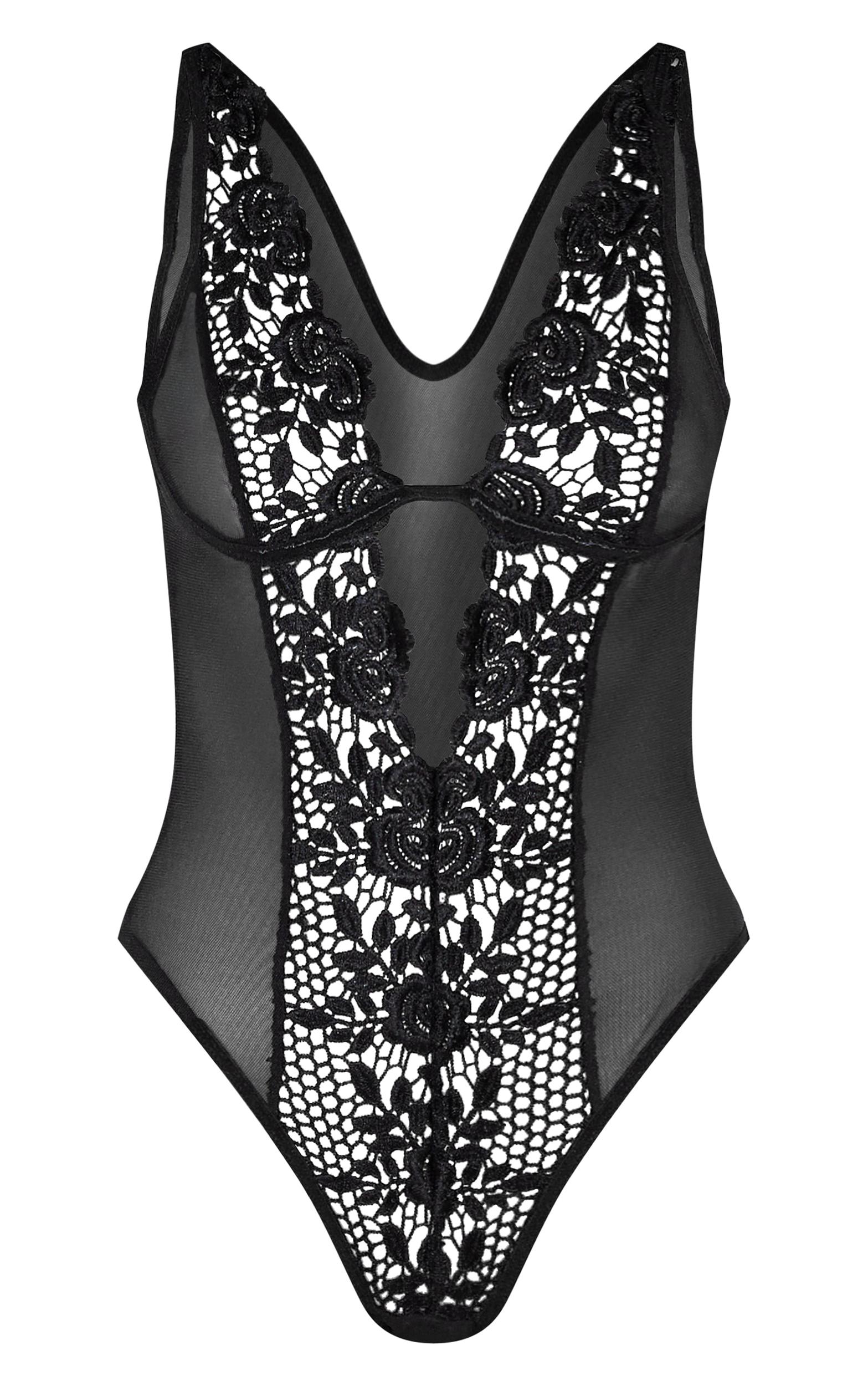 Black Mesh Deep Plunge Crochet Lace Bodysuit Product Image