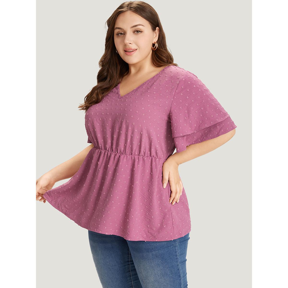 Plus Size Purple Polka Dot Elastic Waist Ruffle Sleeve Layered Blouse Women Elegant Short sleeve V-neck Dailywear Blouses BloomChic 10/M Product Image