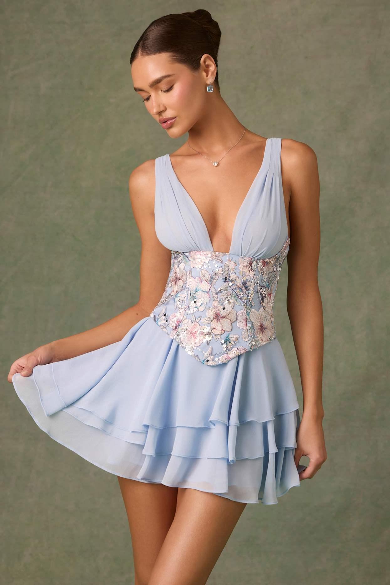 Embellished Ruffled Corset Mini Dress in Floral Blue Product Image