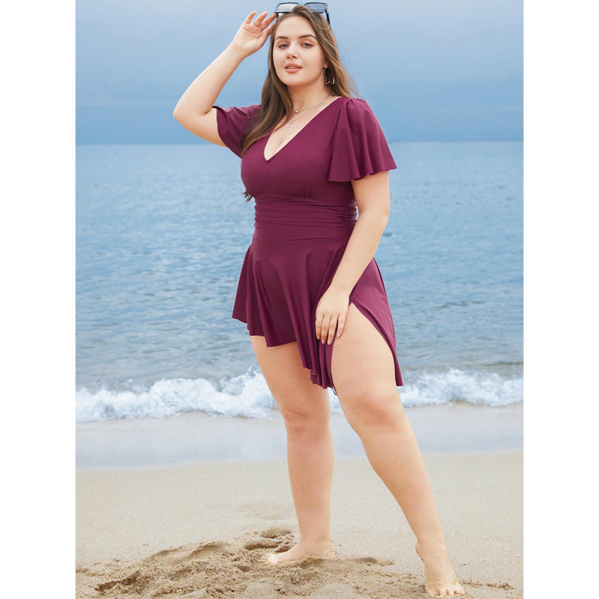 Plus Size Plain Sculpt Waist Split Hem Ruffles Ruched Swim Dress Women's Swimwear RedViolet Vacation Bodycon V-neck High stretch Curve Swim Dresses BloomChic 22-24/3X Product Image