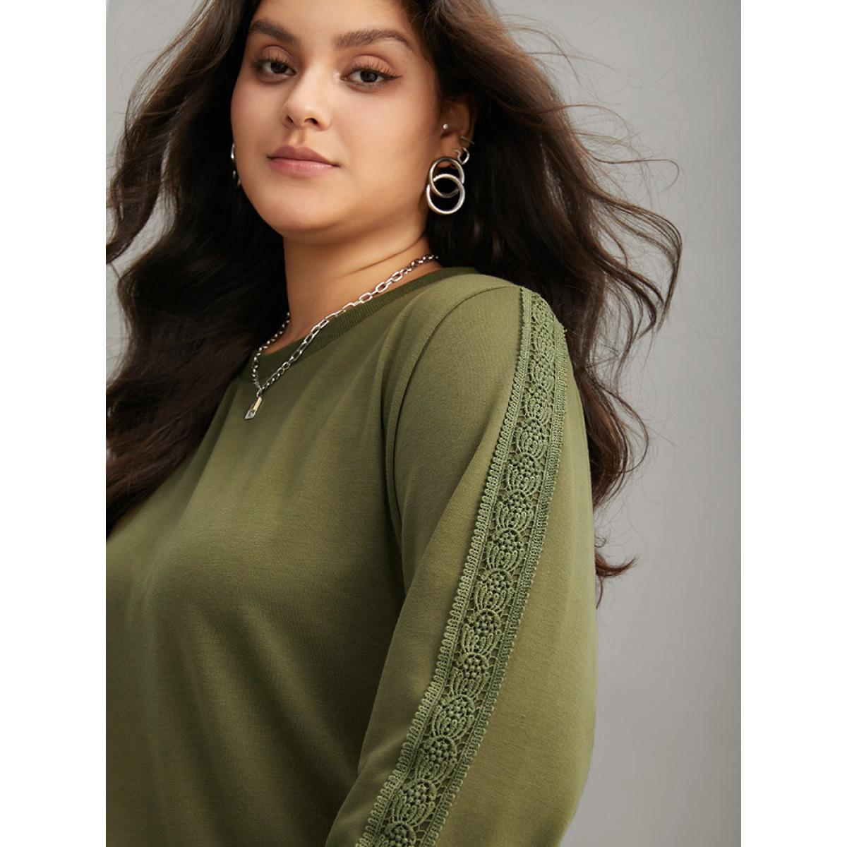 Plus Size Guipure Lace Solid Elastic Hem Sweatshirt Women Olive Elegant Rib Knit Round Neck Dailywear Sweatshirts BloomChic 28/5X Product Image