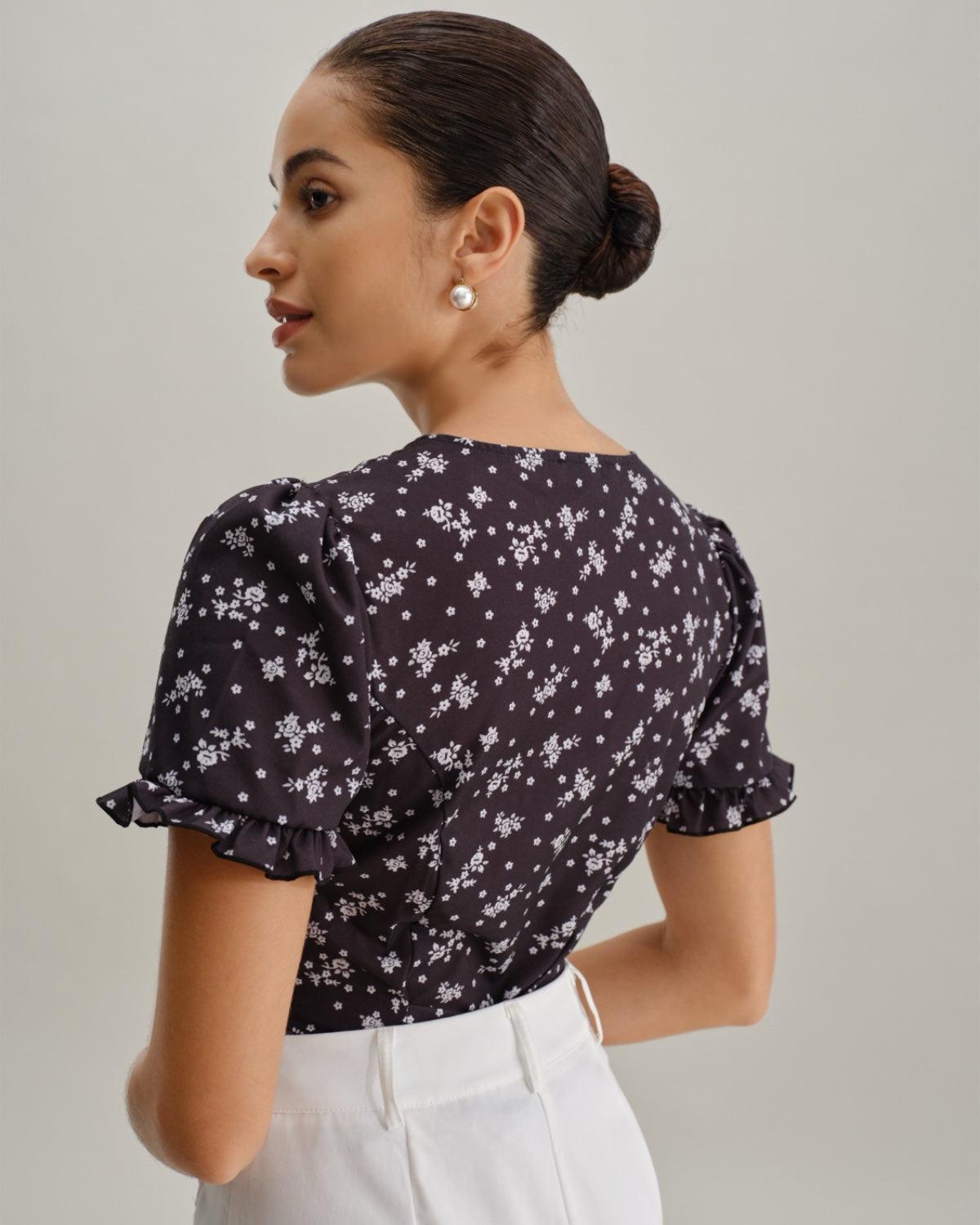 Black Floral Scoop Neck Blouse Product Image