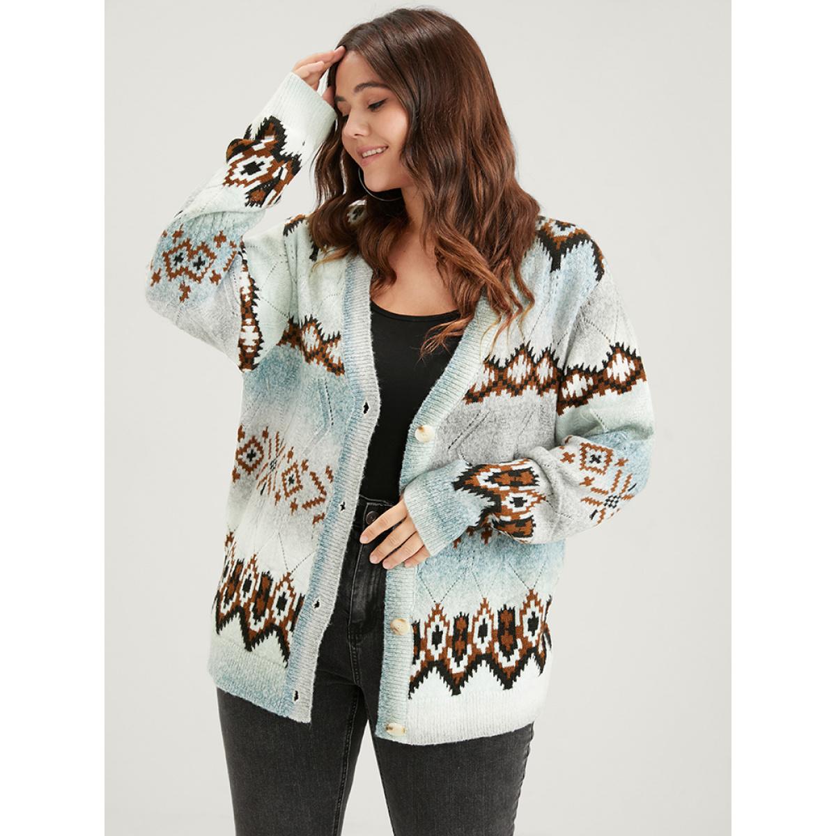 Plus Size Geometric Print Super Soft Plush Knit Button Front Cardigan Multicolor Women Casual Loose Long Sleeve Dailywear Cardigans BloomChic 10/M Product Image