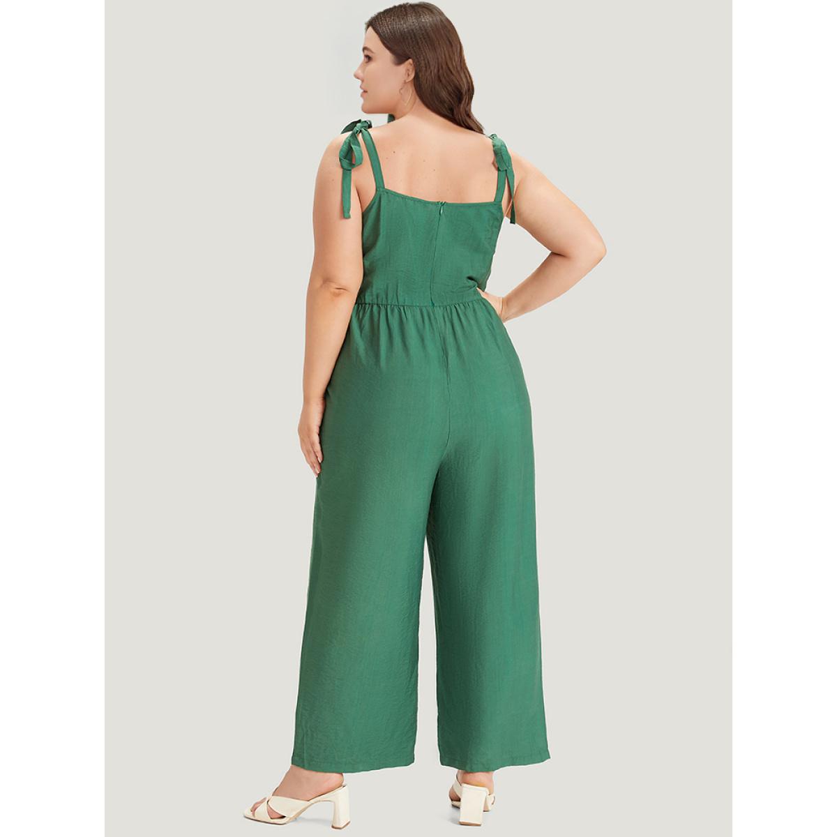 Plus Size Green Solid Button Detail Pocket Elastic Waist Knotted Shoulder Jumpsuit Women Elegant Sleeveless Spaghetti Strap Dailywear Loose Jumpsuits BloomChic 30/6X Product Image
