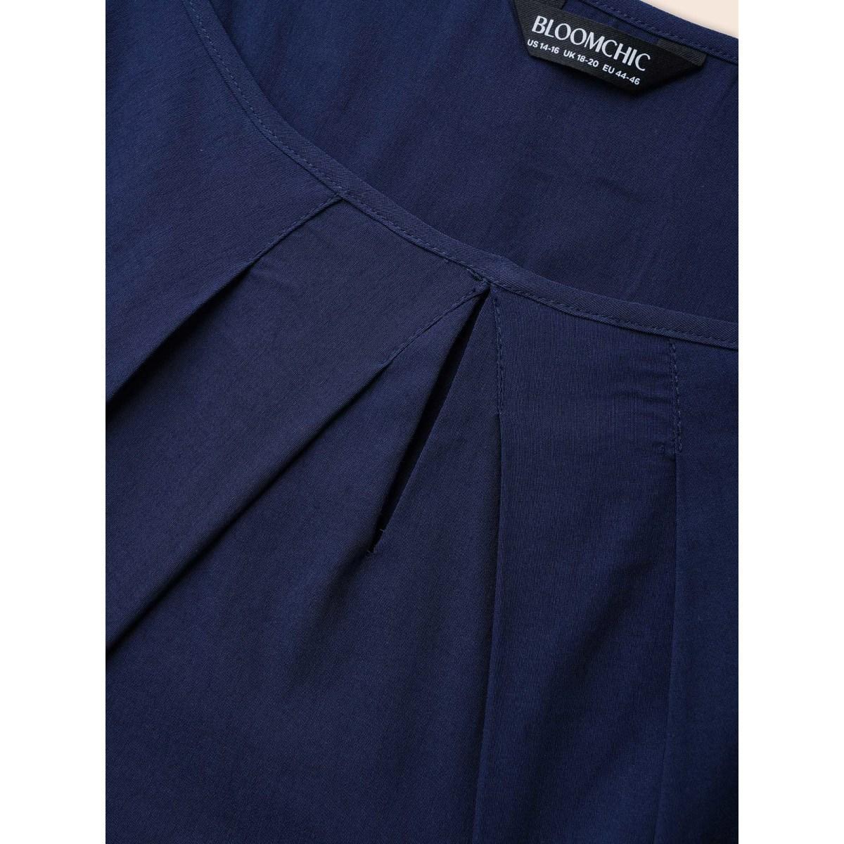 Plus Size Plain Keyhole Pleated Shirred Dress Indigo Women Workwear Essentials Pleated Boat Neck Long Sleeve Curvy BloomChic 30/6X Product Image