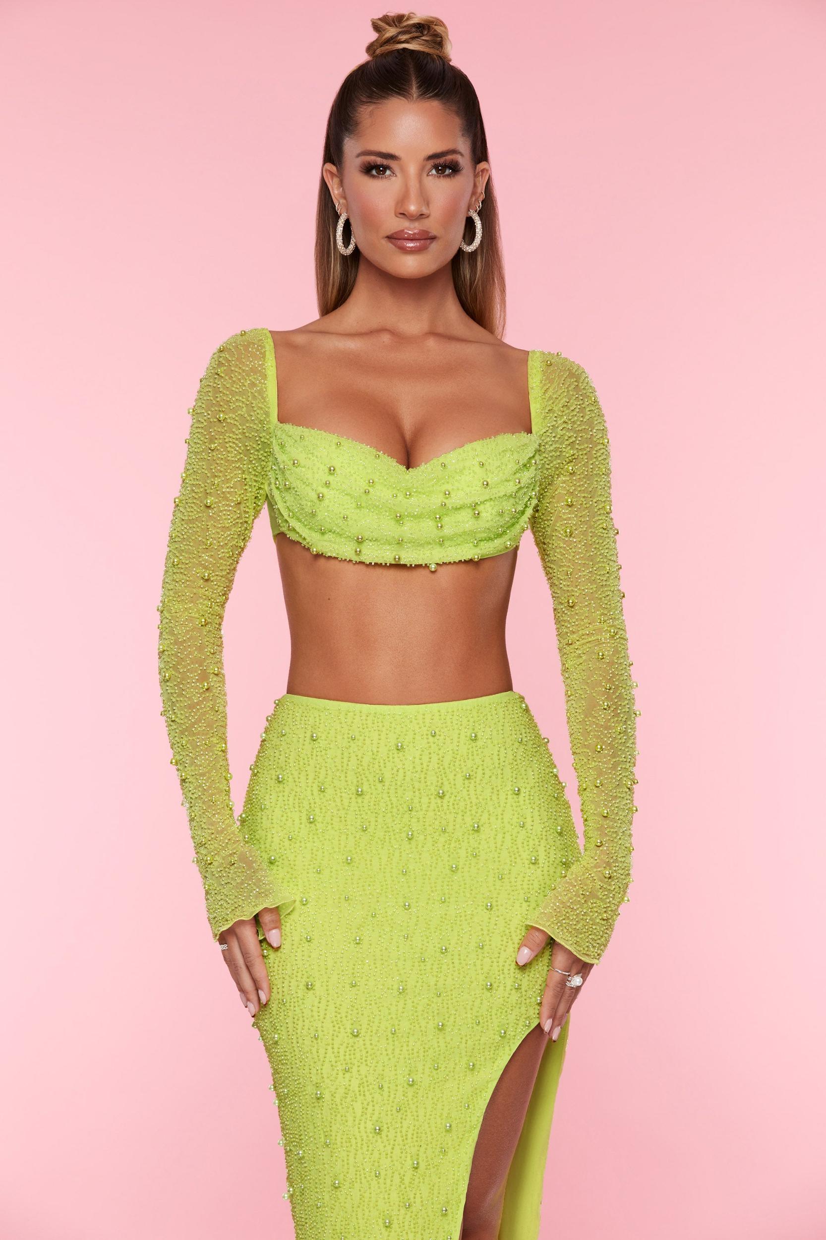 Embellished Cowl Neck Crop Top in Lime Product Image